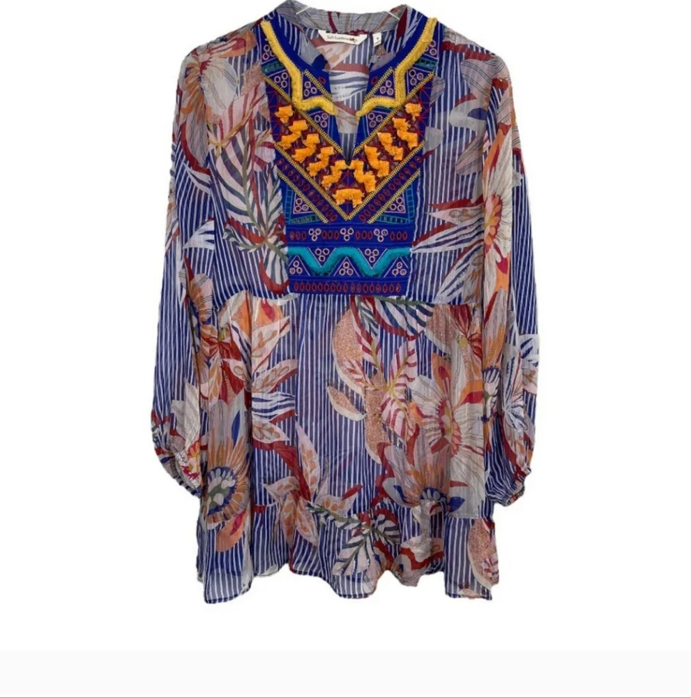 Soft Surroundings Tory Tunic Boho Floral Stripe Print Top Tassel Sheer Sz Large - Picture 14 of 15